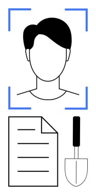 Yüz tarama parantezleri, sadeleştirilmiş yüz, çizgili belge ve küçük mala da dahil olmak üzere soyut öğeler. Kimlik, teknoloji, güvenlik, kimlik doğrulama, inşaat işçiliği ve denge için ideal