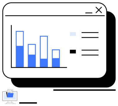 Bilgisayar penceresi arayüzünde mavi çubuklu çubuk şeması, ızgara tasarımı ve efsanesi. Veri yönetimi, iş zekası, analitik, raporlar, gösterge panelleri, istatistik sade iniş sayfası için ideal