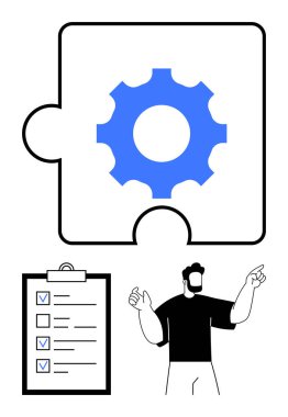 Büyük bir yapboz parçası, üzerinde keneler olan kontrol listesi, el kol hareketi. Takım çalışması, strateji, organizasyon, yenilik, iş akışı sorunları çözmek için ideal. Basit bir iniş sayfası için mükemmel