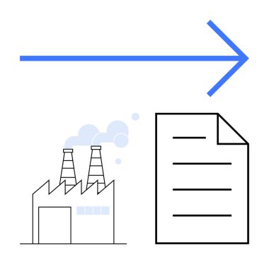 Bir belgenin yanında duman çıkaran bacalı bir fabrika ve üzerinde koyu mavi bir ok var. Dönüşüm, veri akışı, ilerleme süreci, raporlar, yenilik, endüstri, üretim için ideal. Düz