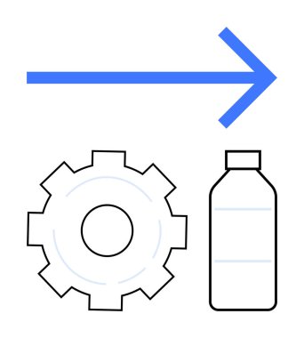 Mavi ok öne bakıyor, basit vites çizimi, plastik şişe çizgisi. Sürdürülebilirlik, geri dönüşüm, imalat, endüstri, yenilik, çevre dostu tasarım için ideal basit iniş sayfası