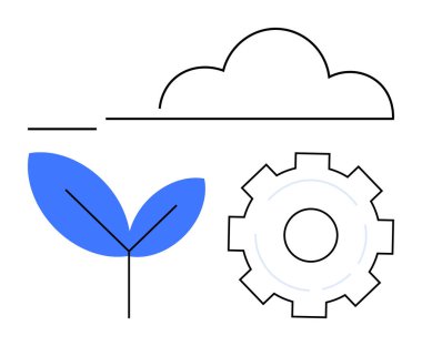Mavi bir yaprak, dişli ve bulutun minimalist tasarımı büyümeyi, sürdürülebilirliği, yeniliği, eko-teknolojiyi ve çevresel dengeyi temsil eder. İş ve teknoloji ortamı büyümesi için ideal