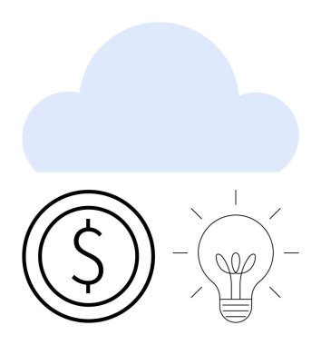 Para çemberi ve ampulün üzerindeki bulut ikonu, teknolojiyi, fikirleri, değeri, finansmanı, yaratıcılığı ve dijital çözümleri temsil ediyor. Finans ve yenilik teknolojisi için ideal yaratıcılık girişimleri