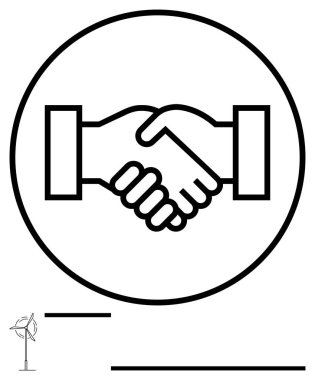 Yuvarlak bir sınır içinde el sıkışan iki el sıkışma. İş, ortaklık, anlaşma, takım çalışması, güven, işbirliği, birlik için ideal. Modern düz basit metafor
