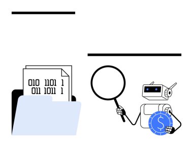 Robot elinde büyüteç, klasördeki veri analizini finansmana bağlayan ikili belgeleri inceliyor. Teknoloji, yapay zeka, makine öğrenimi, otomasyon, veri güvenliği, fintech kodlama için ideal. Bir daire.