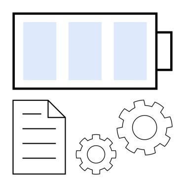 Batarya şarj ikonu, bir belge ve üç iç içe geçmiş vites düz bir basit yöntemde enerji, iş akışı, üretkenlik, sürdürülebilirlik, proje yönetimi, verimlilik ve operasyonel stratejiyi temsil eder.