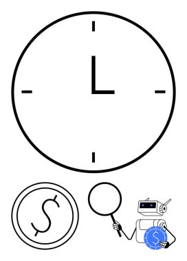 Saat yüzü, büyüteç, robot para analizi dijital finans, zaman yönetimi, yapay zeka, analitik, para birimi gözlemi, yenilik ve finansal teknoloji. Fintech için ideal