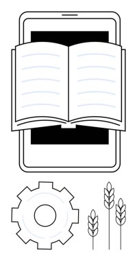 E-öğrenmeyi sembolize eden bir tablet ekranın üzerine yerleştirilmiş açık bir kitap. Buğday kulakları ve vites dahil. Eğitim, tarım, teknoloji gelişimi, yenilik, çevrimiçi kaynaklar, tarım, basit