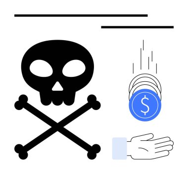 Kafatası ve çapraz kemikler, madeni para yığınının yanında, mali risk, tehlike, etik, sorumluluk veya korsanlık anlamına gelir. Uyarı, fintech ve ekonomi etiği için ideal