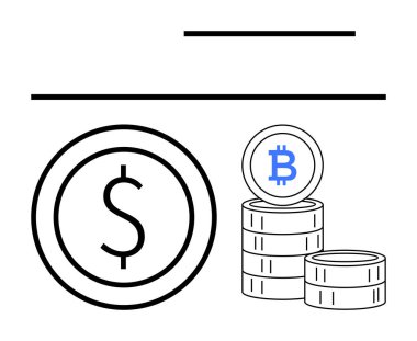 Dolar ve Bitcoin sembollü para yığını, kripto para, finans ve dijital yatırımı temsil ediyor. Engelleme zinciri, fintech, ekonomi, ticaret, e-ticaret ve basit bir iniş sayfası için ideal