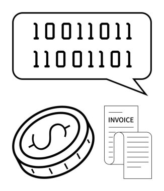 Konuşma balonunda ikili kod ile birlikte bir dolar para ve fatura dijital ödemeler, kripto para, finans, kodlama, yenilik, e-ticaret ve teknolojiyi temsil eder. Fintech kavramları için ideal