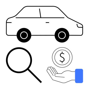 Araba, büyüteç, eldeki madeni para araç değerlendirmesi, satın alma, satma, finansal yönetim öneriyor. Otomobil işi için ideal, araba kiralama, kredi sigorta araba satış maliyeti değerlendirmesi basit