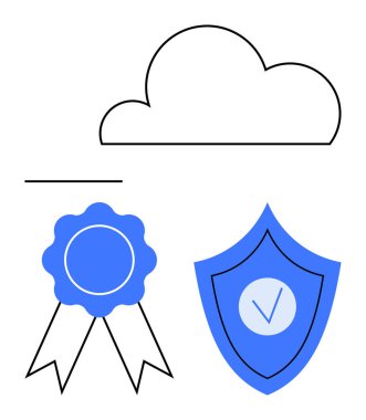 Bulut ikonu, güvenlik kalkanı ve ödül kurdelesi veri bütünlüğü, korunma ve başarıya işaret ediyor. Siber güvenlik, sertifikalar, bulut depolama, güven uyum tanıma sade iniş için ideal