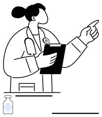 Doktor elinde bir dosya tutuyor, talimatları vurguluyor. Steteskop boynunda. İlaç şişesi görünür. Sağlık hizmetleri, tıbbi danışmanlık, takım çalışması, tedavi rehberi, araştırma eğitimi için ideal