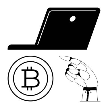 Dizüstü bilgisayarın silueti robot elin yanında Bitcoin logosunu gösteriyor. Kripto para birimi, engelleme zinciri, fintech, otomasyon, yapay zeka, yenilik ve teknoloji için ideal. Düz basit metafor