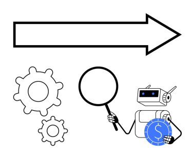 Robot dişlileri büyüteçle inceler, büyük okun yanında bozuk para tutar. Yenilik, otomasyon, yapay zeka teknolojisi, analiz, problem çözme, finansal büyüme verimliliği için idealdir. Basitçe
