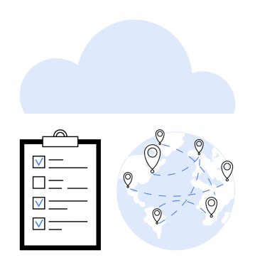 Kontrol listesinin üstündeki bulut ve yer belirleme pimleri kesik çizgilerle birbirine bağlanmış. Küresel bağlantı, görev planlaması, bulut depolama, lojistik, uzaktan çalışma, coğrafi konum, basit iniş için ideal