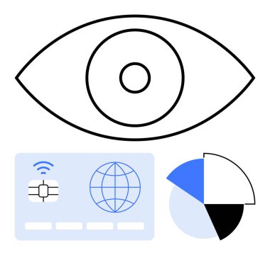 Göz sembolü görüşü ve içgörüyü vurguluyor, dijital kart işlemleri ve kimliği öneriyor, pasta grafiği veri analizini yansıtıyor. Gizlilik, siber güvenlik, finans, analitik, biyometri için ideal