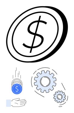 Dolar işareti olan bozuk paralar, el ele düşen paralar ve birbirine kenetlenen dişliler. Finans, gelir, ekonomi, iş, yatırım, tasarruf büyüme zihniyeti için ideal