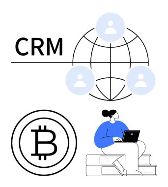 Küresel bağlantılar simgesi olan CRM, Bitcoin işareti ve kitapların üzerinde otururken dizüstü bilgisayar kullanan kadın. Dijital pazarlama, engelleme zinciri, ağ oluşturma, e-öğrenme, CRM stratejileri, finans sistemleri için ideal