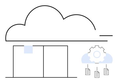 Veri senkronizasyonu, paylaşım, yedekleme ve bulut hizmetlerini sembolize eden teçhizat ve belgelerle birlikte dosya depolama yapısının üzerinde bulut ana hatları. Teknoloji, bilgisayar, ağ, dijital için ideal