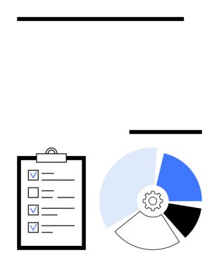Renkli segmentli pasta grafiğinin yanında dişli elemanı olan ayrıntılı kontrol listesi. Üretkenlik, analitik, iş akışı optimizasyonu, hedef belirleme, planlama, organizasyon, basit iniş sayfası için ideal