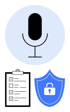 Mavi daireli mikrofon simgesi, işaretli kontrol listesi ve kilitli kalkan. Ses teknolojisi, gizlilik, veri güvenliği, dijital araçlar, iş akışı, iletişim için ideal basit iniş sayfası