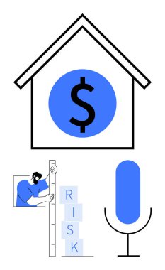 Ev şeklindeki dolar finansmanı simgeler, insan ölçüleri riski ve iletişim için mikrofonu simgeler. Tasarruf, emlak, kredi, yatırım, risk yönetimi ve iletişim için ideal