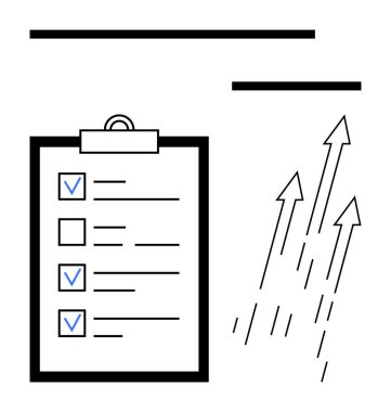 İlerleme, başarı ve gelişmeyi gösteren birden fazla okun yanında kontrol listesi ve işaretli pano. Üretkenlik, hedefler, ilerleme takibi, iş büyümesi ve başarı için ideal