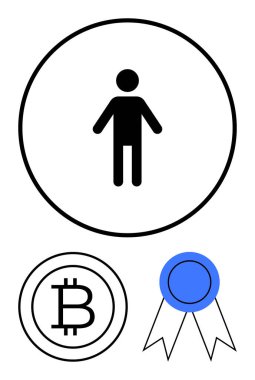 Aşağıda kripto para birimi bitcoin ve sertifika rozeti olan bir çemberde soyut kişi simgesi. Engelleme zinciri, dijital kimlik, finans, kimlik, eğitim, ödül, güvenlik bağlamları için idealdir. Düz