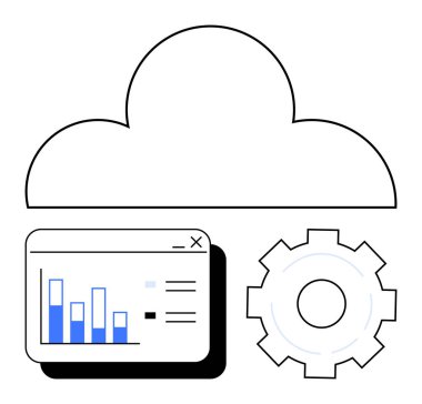 Analitik gösterge panelinde veri yönetimini, kişiselleştirmeyi ve optimizasyonu sembolize eden grafikler ve ekipmanlar var. Teknoloji, veri depolama, analitik, yazılım, bulut hesaplama için ideal