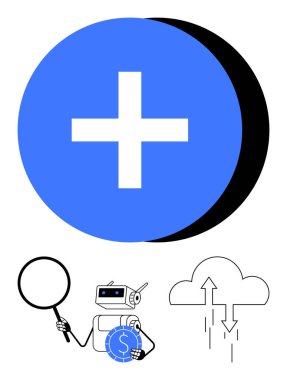 Dolar sikkesi ve büyüteç tutan robot, veri oklu bulut, büyük artı işareti. Yenilik için ideal, AI, finans, bulut çözümleri, veri analizi, takım çalışması büyümesi için düz bir metafor