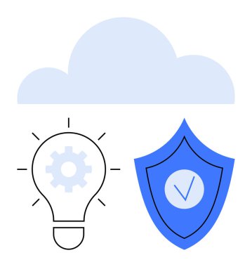 Vites dolu ampul ve kalkanların üzerindeki bulut ikonu, yenilik, koruma ve güvenilirliği temsil ediyor. Teknoloji, veri bilimi, güvenlik, bulut depolama, iş için ideal