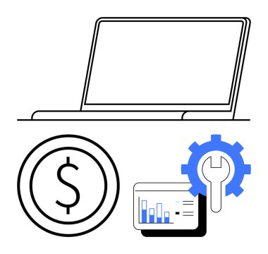 Finans, teknoloji ve verimliliği temsil eden finansal para, analitik gösterge paneli ve teçhizatlı dizüstü bilgisayar taslağı. İş için ideal, veri analizi, fintech, yönetim optimizasyonu dijital