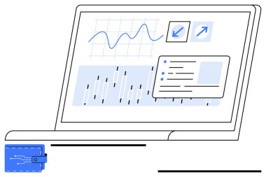 Dijital cüzdanın yanında veri grafikleri, analizleri ve grafikleri gösteren dizüstü bilgisayar. Finans, veri analizi, teknoloji, çevrimiçi güvenlik, yatırım fintech ve dijital araçlar için ideal. Düz