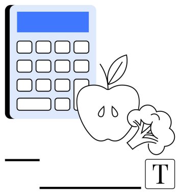 Elma ve brokoli çizimi dışında hesap makinesi diyet kararlarının dengesini gösteriyor. Beslenme, sağlık, sağlık, yemek planlama, diyet stratejileri, eğitim, gıda takibi için idealdir. Düz basit