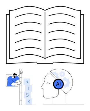 Bilgi öneren açık bir kitap, yenilikleri vurgulayan yapay zeka ve sorun çözmeyi vurgulayan RISK bloklarını istifleyen kişi. Teknoloji, öğrenme, yapay zeka, analiz ve risk için ideal