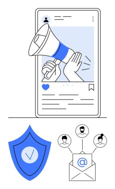 Sosyal medya paylaşımlı akıllı telefon, megafon, güvenlik kalkanı, avatarlarla e-posta. Pazarlama, çevrimiçi güvenlik, markalaşma, dijital platformlar, iletişim sade iniş sayfası için ideal