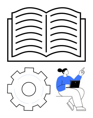 Açık kitap, vites sembolü, yukarı bakan dizüstü bilgisayarı olan kişi öğrenmeyi, teknolojiyi ve ilerlemeyi simgeliyor. Eğitim, kendini geliştirme, eğitim, geliştirme yenilik süreci için ideal