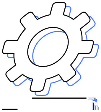 Kalın hatlı mekanik teçhizat, üst üste binen çizgiler hareketi işaret ediyor. Küçük bir rakam, bir grafikte yükselen eğilimi inceliyor. Endüstri, büyüme, yenilik, yönetim, takım çalışması, mühendislik için ideal