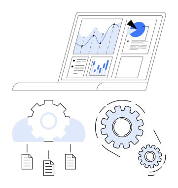 Dosyalar ve grafiklerle dizüstü bilgisayar, dosyaları birleştiren bulut depolama sistemi, süreç otomasyonunu gösteren dişli mekanizmalarının yanı sıra. Veri yönetimi, bulut hesaplama, takım çalışması, iş akışı için ideal