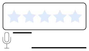 Beş açık mavi yıldız, mikrofon simgesi ve minimalist elementler ses merkezli geri bildirim ve kullanıcı reytinglerini vurguluyor. Müşteri memnuniyeti, gözden geçirme platformu, geri bildirim, ses etkileşimi, kullanıcı için ideal