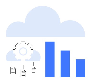 Veri büyümesini temsil eden çubuklu bulut, otomasyon için teçhizat ve organizasyon için dosyalar. Teknoloji, bulut depolama, veri işleme, analitik, otomasyon, iş akışı kurulumu ve modern bilişim için ideal