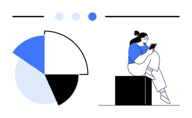 Oturan kadın tableti inceliyor, mavi, siyah, beyaz bölümlü pasta tablosu verileri ve görüşleri ön plana çıkarıyor. Veri analizi, iletişim, öğrenim, eğitim ve raporlama dairesi için ideal