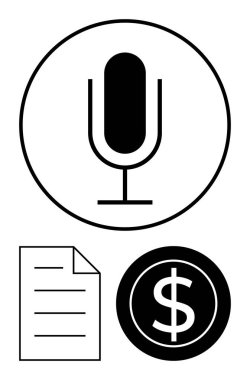 Üzerinde belge ve dolar işareti olan mikrofon ses kaydını, transkripti ve para transferini ön plana çıkarıyor. İçerik oluşturma, podcast, kazanç, yayın, medya, teknoloji dairesi için ideal