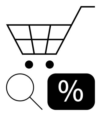 Alışveriş arabası, büyüteç ve yüzde işareti e-ticaret, perakende satış, fiyat karşılaştırması, çevrimiçi alışveriş, indirim ve müşteri deneyimi. Perakende ticaret için ideal.