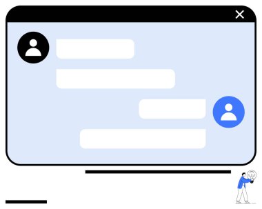 Kullanıcı avatarlarıyla sohbet penceresi ve mesajlaşma konuşmalarını gösteren mesaj baloncukları. İletişim uygulaması, sosyal platform, çevrimiçi etkileşim, dijital topluluk, sohbet konsepti, takım çalışması için ideal