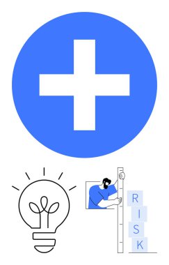 Büyük mavi artı sembol, fikir olarak ampul, yığın halinde RISK blokları. Üretkenlik, planlama, yaratıcılık, yenilik, strateji, takım çalışması için ideal basit iniş sayfası