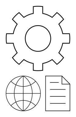 Takım çalışmasını, küresel ulaşımı, süreç optimizasyonunu ve bilgi paylaşımını sembolize eden vites, küre ve belge tasarımı. İş, teknoloji, iletişim eğitimi küreselleşmesi için ideal