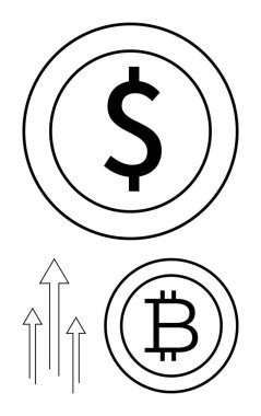 Dolar ve Bitcoin sikkeleri, büyümeyi, başarıyı, yeniliği ve dijital finansı sembolize eden yukarı doğru oklarla eşleştirilmiş finansal değeri ve kripto para birimini tasvir eder. Finans, iş ve yatırım için ideal